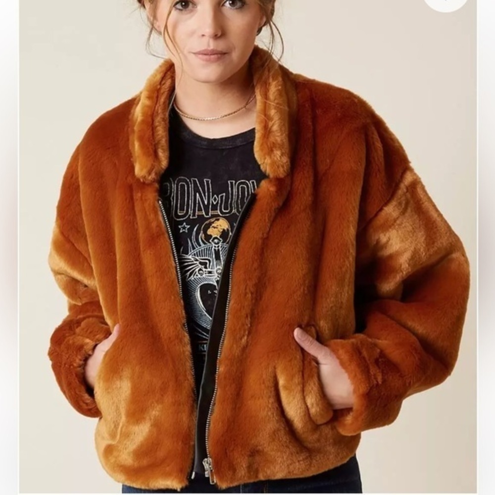 Free People Furry Bomber Jacket L Teddy Faux Fur Cozy Luxe Streetwear Rust